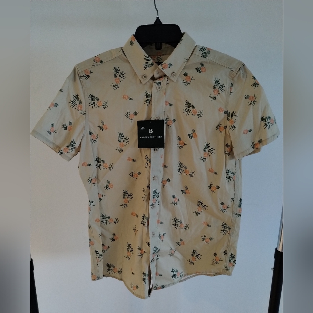 B by Brooks Brothers Youth Boys Button Down Pineapple Beige Shirt Size 18 Y New 